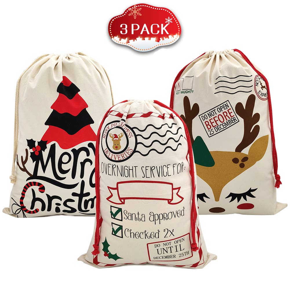 SumDirect 3Pcs Christmas Bag Santa Sack Large Canvas Bags with Drawstrings for Large Xmas Package Storage, Event Party Supplies Cotton Bag Party Favors Gift Bags 50x70 cm