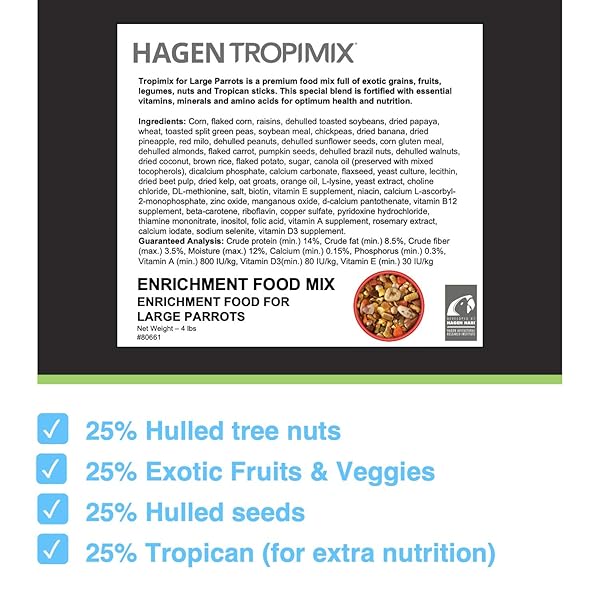 HARI TROPIMIX BIRD FOOD, HAGEN LARGE PARROT FOOD WITH SEEDS, FRUIT, NUTS, VEGETABLES, GRAINS, AND LEGUMES, ENRICHMENT FOOD, 4 LB BAG