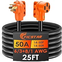 Ficstar 25FT 50 Amp RV Extension Cord Outdoor with Grip Handle,125/250V,12500W, 4 Prong,Heavy Duty 6/3+8/1 Gauge STW,NEMA 14-