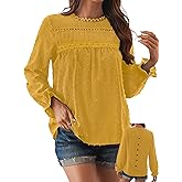 Falechay Womens Boho Tops Long Sleeve Shirts For Women Cute Crewneck Blouse Dressy Casual Swiss Dot Crochet Hollow Top 2026