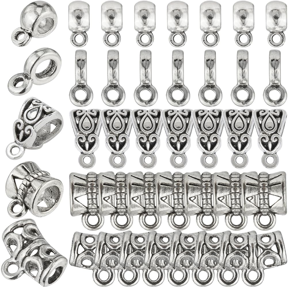 SOFPLATE 1 Box 300Pcs Loop Bead Bails Small Bail Tube Beads Bulk Alloy Textured Tibetan Style Spacer Bead Connectors Silver Bead Hanger for Jewellery Making Charms Pendants Necklaces Supplies DIY