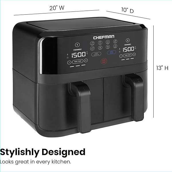 CHEFMAN TURBOFRY TOUCH DUAL AIR FRYER, MAXIMIZE THE HEALTHIEST MEALS WITH DOUBLE BASKET CAPACITY, ONE-TOUCH DIGITAL CONTROLS AND SHAKE REMINDER FOR THE PERFECT CRISPY AND LOW-CALORIE FINISH