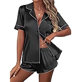 Ekouaer Silk Satin Pajamas Set Short Sleeve Pj Sets Black & White Contrast Piping Pjs Button Down Lounge Sets 2 Piece
