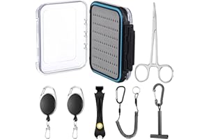 Pickmesh 7 Pcs Fly Fishing Tools Kit and Accessories, Fly Fishing Box, Fly Fishing Tippet Spool Holder, Fly Fishing Nipper, 2 Fishing Zinger Retractor, Fly Fishing Forceps and Fishing Lanyard