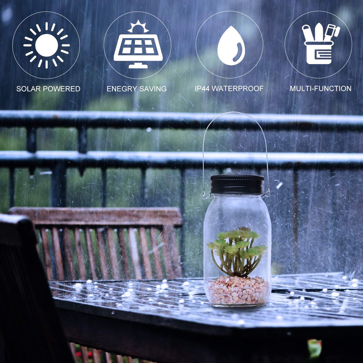 jiabang Solar Powered Lantern Mason Jar Solar Lights Artificial Succulent Hanging Glass Terrarium DIY Kit Glass Planter Solar LED for Garden Outdoor | Night Lamp for Bedroom Nursery Bathroom