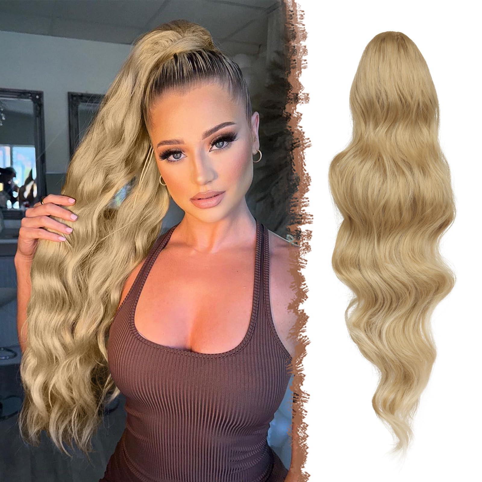 FESHFEN Long Ponytail Extension Curly Wavy Clip in Synthetic Hairpieces Drawstring Ponytail Pony Tail Hairpiece Hair Pony Extension for Women Girls, 24 inch