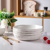 LERATIO 9.75 "Ceramic Flat Pasta Bowls,Wavy Rim 38oz Large Bowls Set of 4 | Modern Porcelain Stoneware Pasta bowls,Dishwasher &amp; Microwave &amp; Oven Safe Bowls with for Pasta,Salad,Fruit- Peal White