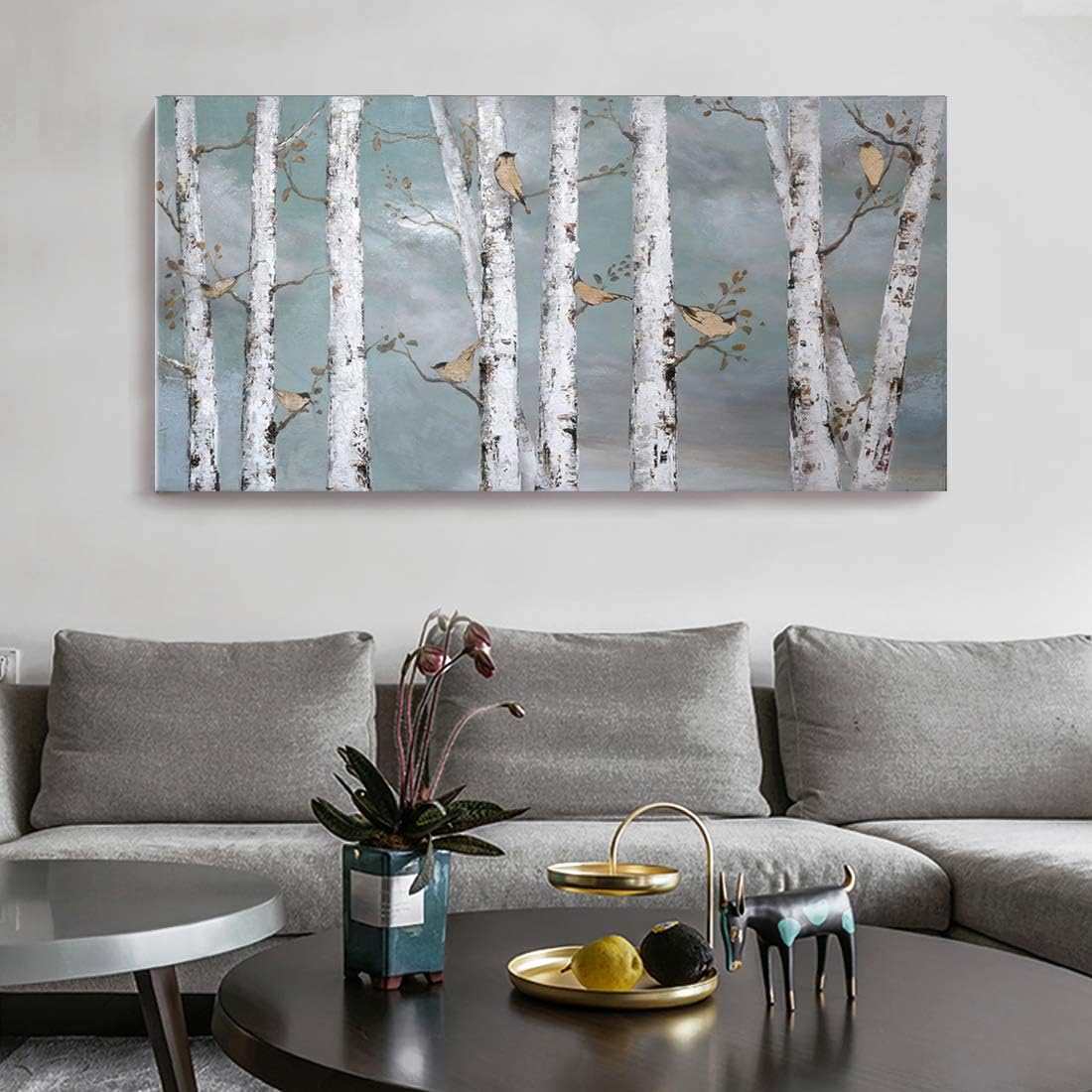 Paintings - Large Tree Wall Art Hand-Painted Landscape Forest Oil Painting Gallery Wrapped Framed Canvas Bird Birch Artwork 'White Birch at Night' for Living Room Bedroom Office Décor Teal White Gold 48x24inch