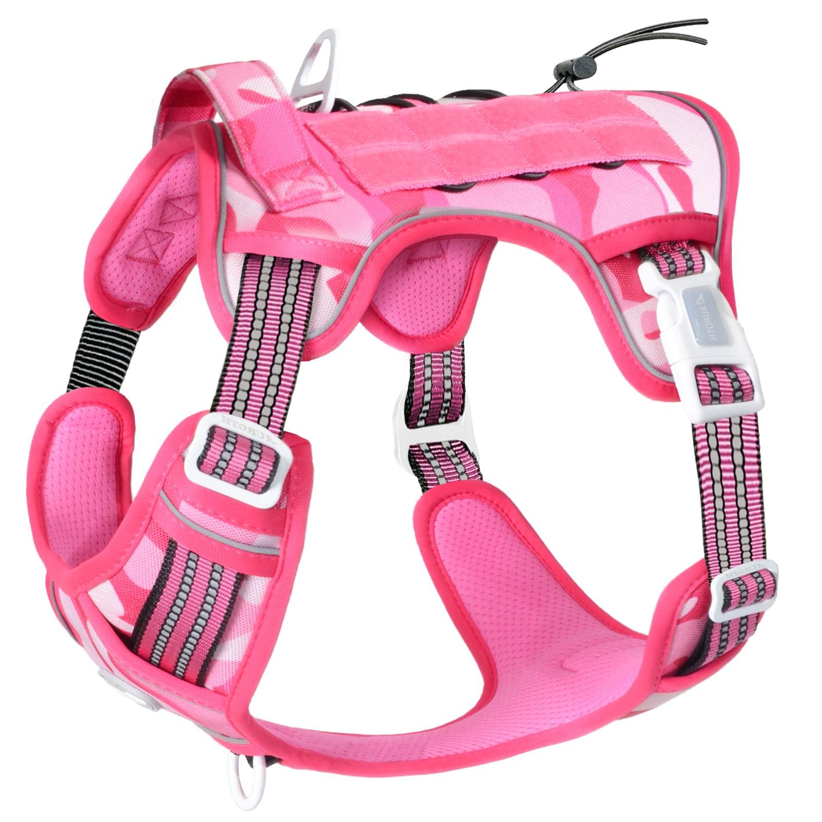 Auroth Tactical Anti Pull Dog Harness Adjustable Breathable Pet Vest Harness for Small Medium Large Dog Reflective Dog Harness Military Materials Size M, Pink Camo