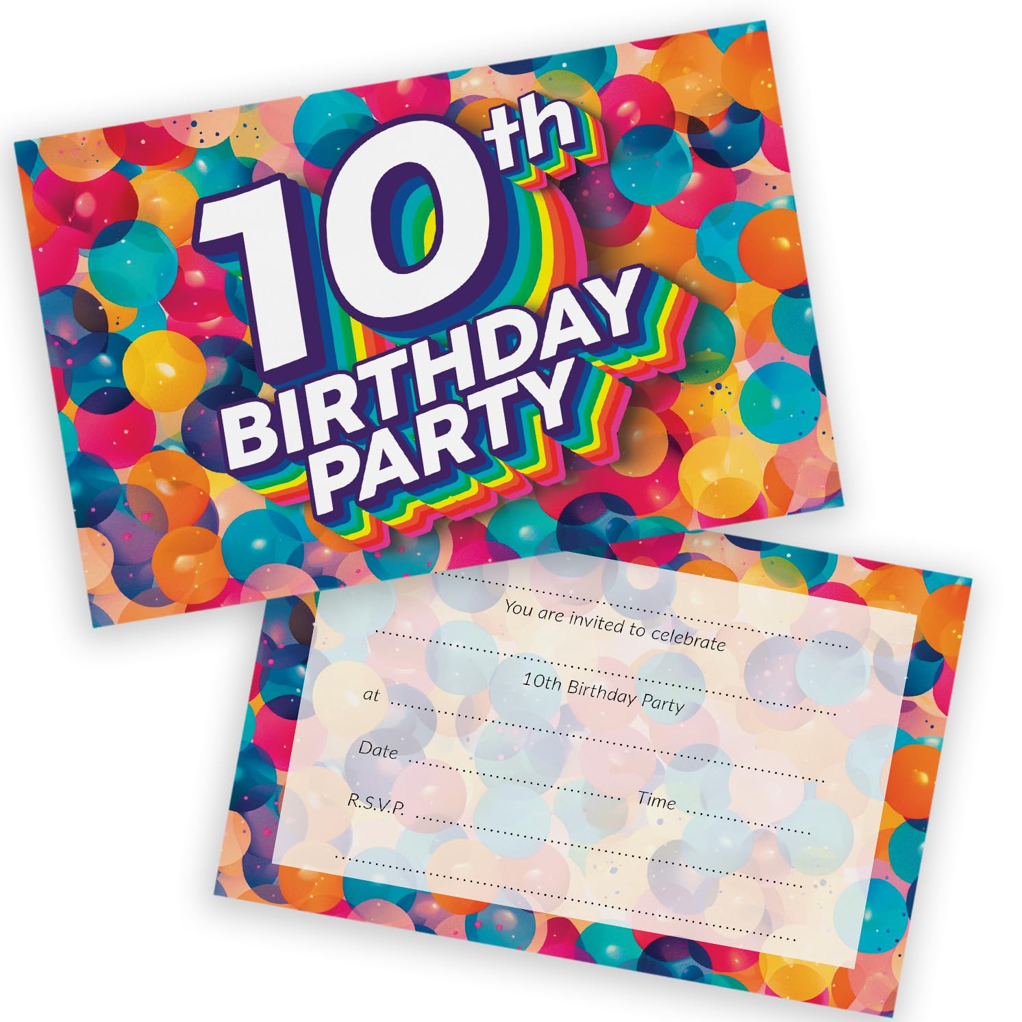 10th Birthday Party Invitations Kids - Rainbow Balloons 20 Pack - Childrens Birthday Invitations for Boys/Girls A6 Bday Party Invites Invitation Cards with Folding Envelopes