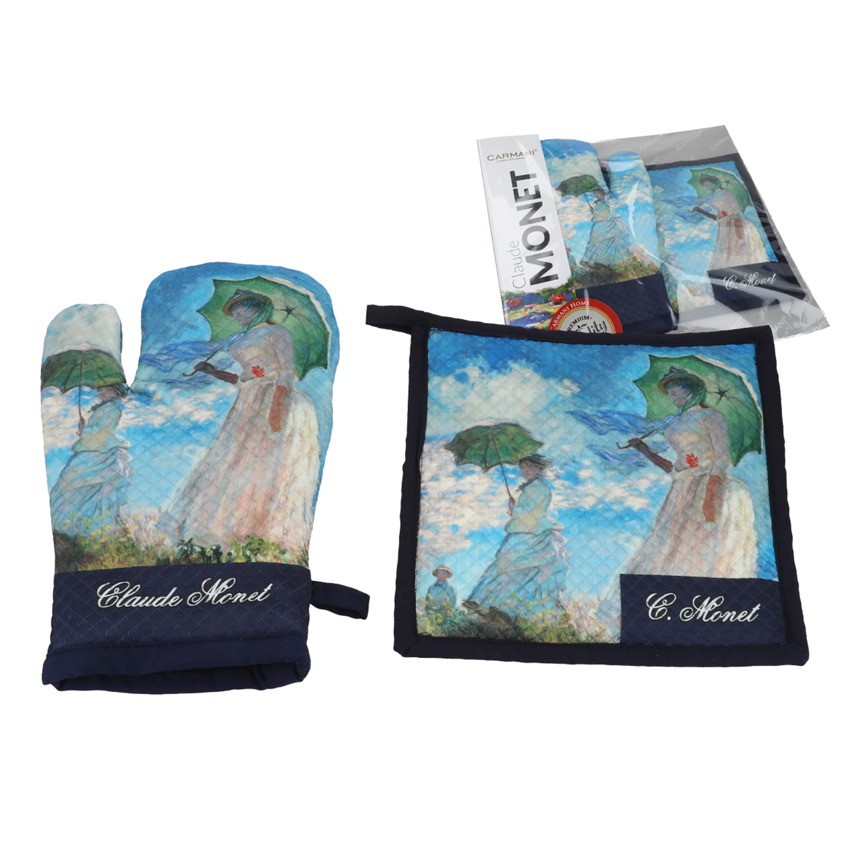 CARMANI - Decorative Oven Glove and Pot Holder Heat Resistant Non-Slip for Cooking, Baking, Grilling Printed with Oscar-Claude Monet, Woman with Parasol