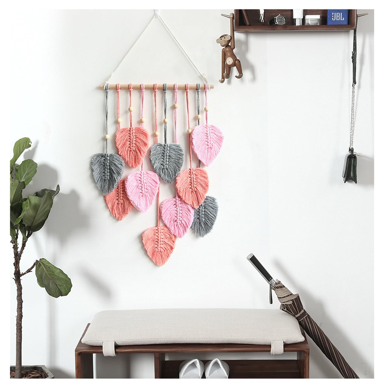 ANFUTON Macrame Wall Hanging Decor,Chic Feather Boho Wall Decor,Handmade Yarn Woven Wall Art Decoration for Bedroom Nursery Home (Pink, 40cm*90cm)