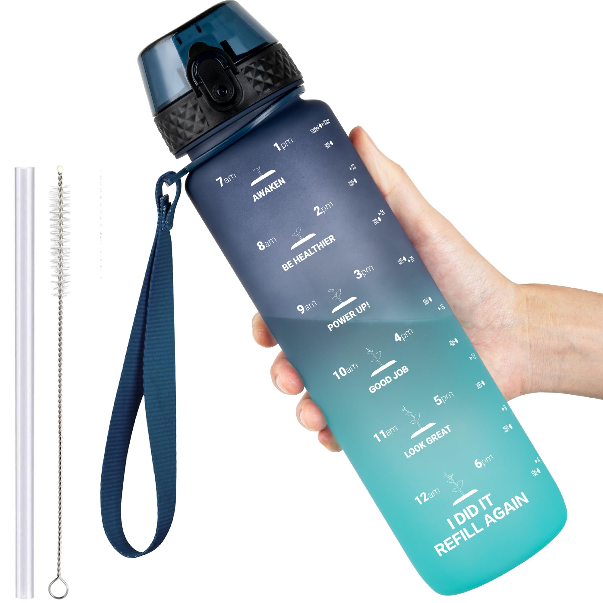 GOPPUS 1L/32oz Tritan Water Bottle with Straw-Soft Matte Finish Leakproof Drink Bottle with Measurements Bottles with Flip Top Motivational Bottles with Time Marks for Adults BPA Free (Blue Green)