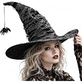 Krelymics Witch Hat for Women, Black Wizard Pointy Hat for Halloween Party | Tattered lace witch hat with hanging spider decoration, vintage tattered mesh design, wizard party prop