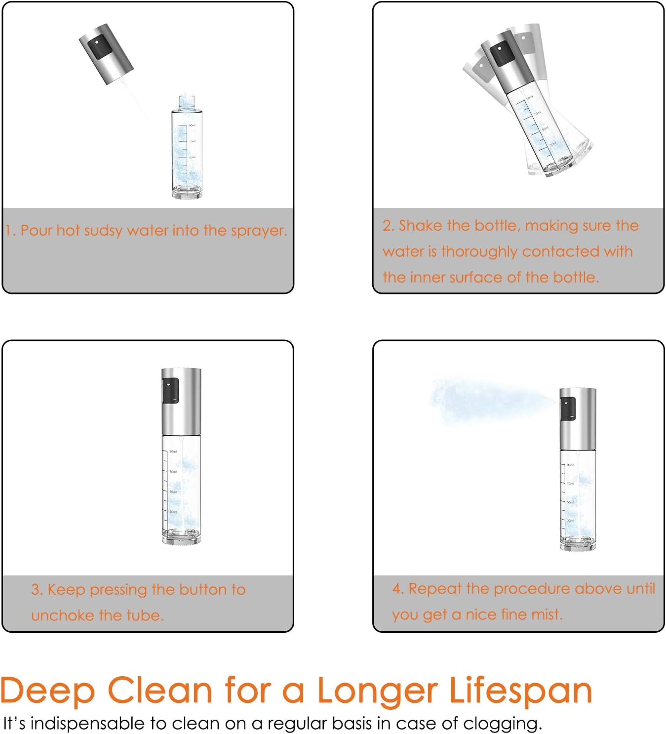 Oil Sprayer 2 Pack, Xpatee Olive Oil Sprayer Mister with Brush Funnel, 100ml Transparent Vinegar Bottle Oil Dispenser for BBQ, Making Salad, Baking, Frying Chicken: Kitchen & Dining