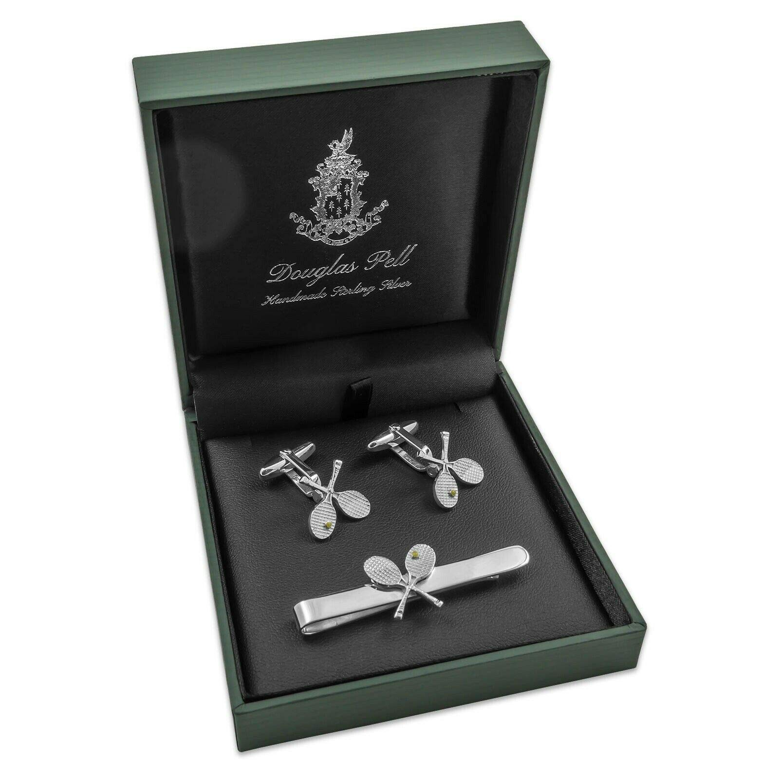 Douglas Pell NEW Sterling Silver Tennis Racket Cufflinks & Tie Slide Boxed