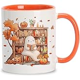 Hyturtle Fall Coffee Mug, Cute Ghost Reading Book Mug, Maple Leaves Pumpkin Autumn Gifts For Men Women On Birthday Thanksgiving Christmas, Book Lovers Gifts, 11oz White Orange Ceramic Coffee Tea Cup