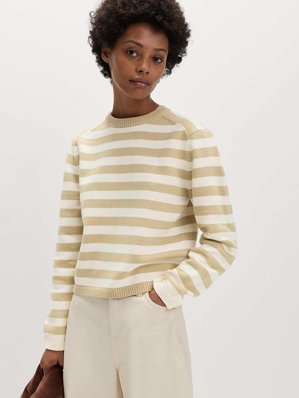 Maglione Corto a Righe in Misto Cotone da Donna Crema
