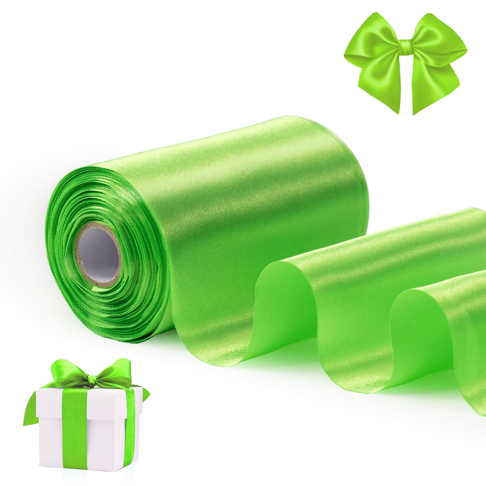 FAKILO Fluorescent Green Satin Ribbon 4 Inch x 22 yd Wide Thick Ribbon for a Grand Opening Business Ribbon Cuttings Ceremony Bow Wedding Chairs Party Christmas Festival Decor