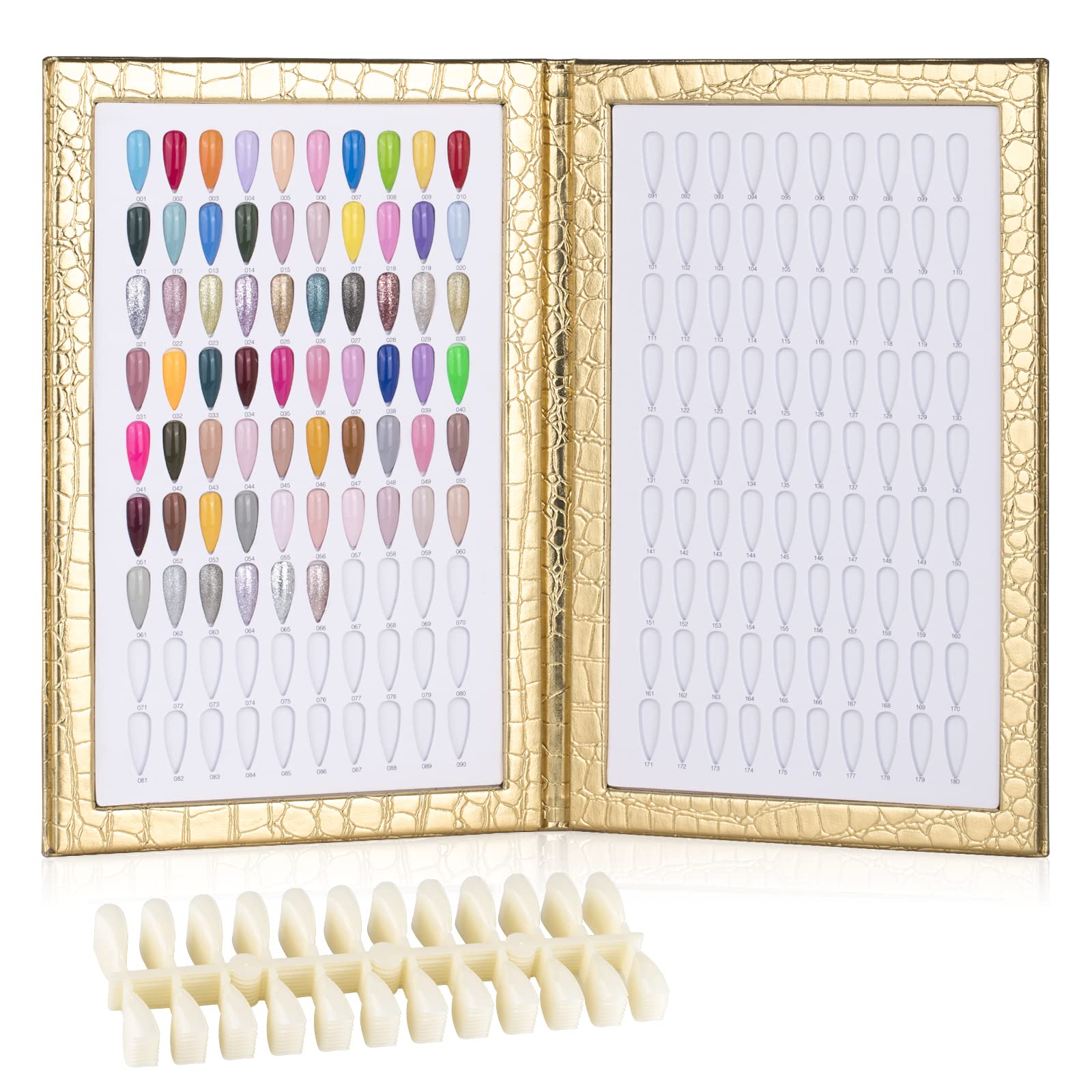 BNG Nail Display Book 180 Colors Nail Art Colour Chart, Professional Gel Polish Nail Display Card with 240 Pcs False Nails Tips For Salon Nail Art Showing, Gold Leather Book