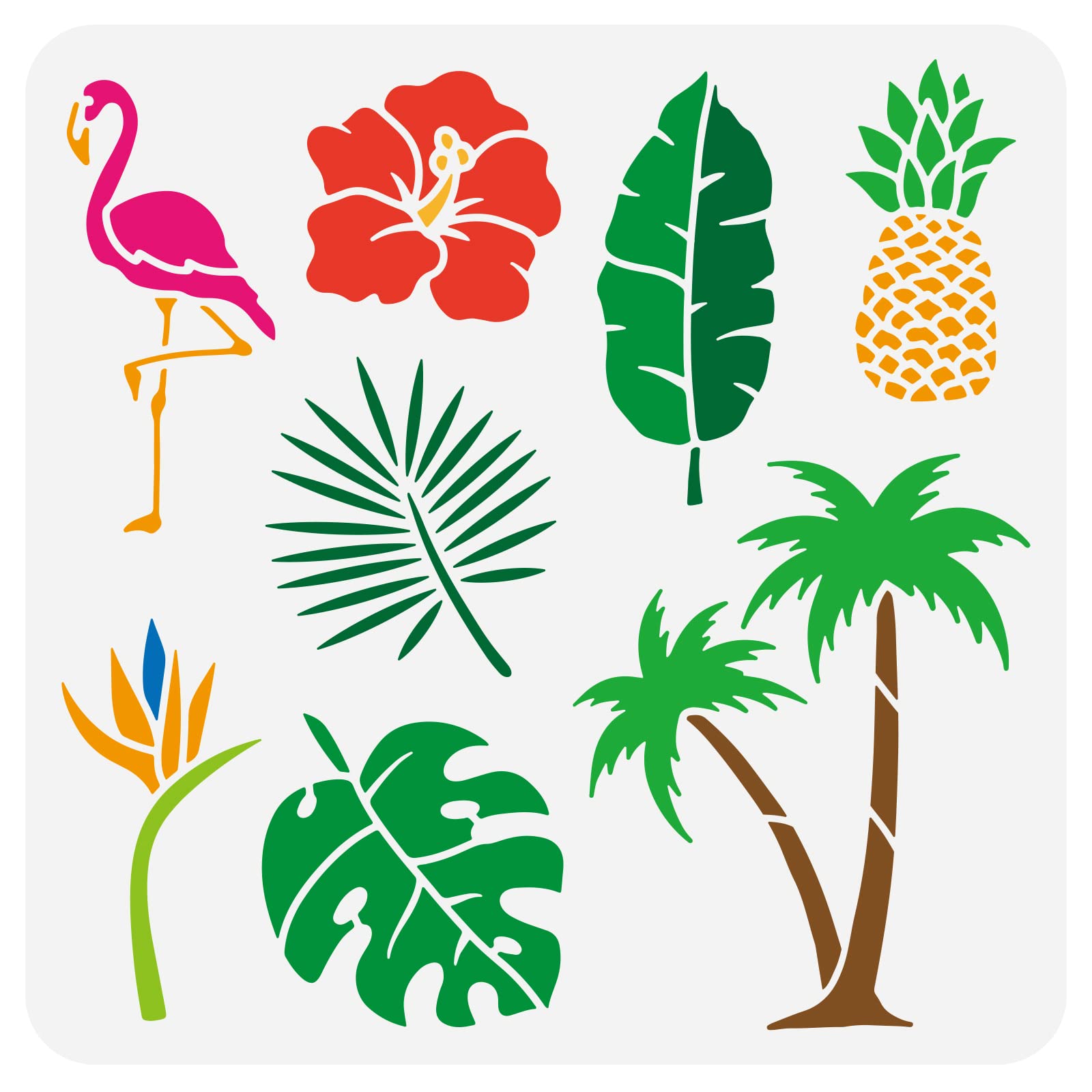 FINGERINSPIRE Tropical Coconut Tree Painting Stencil 30x30cm Reusable Tropical Leaves Pineapple Flamingo and Flower Drawing Template Summer Theme Stencil for Painting on Wall, Wood, Furniture