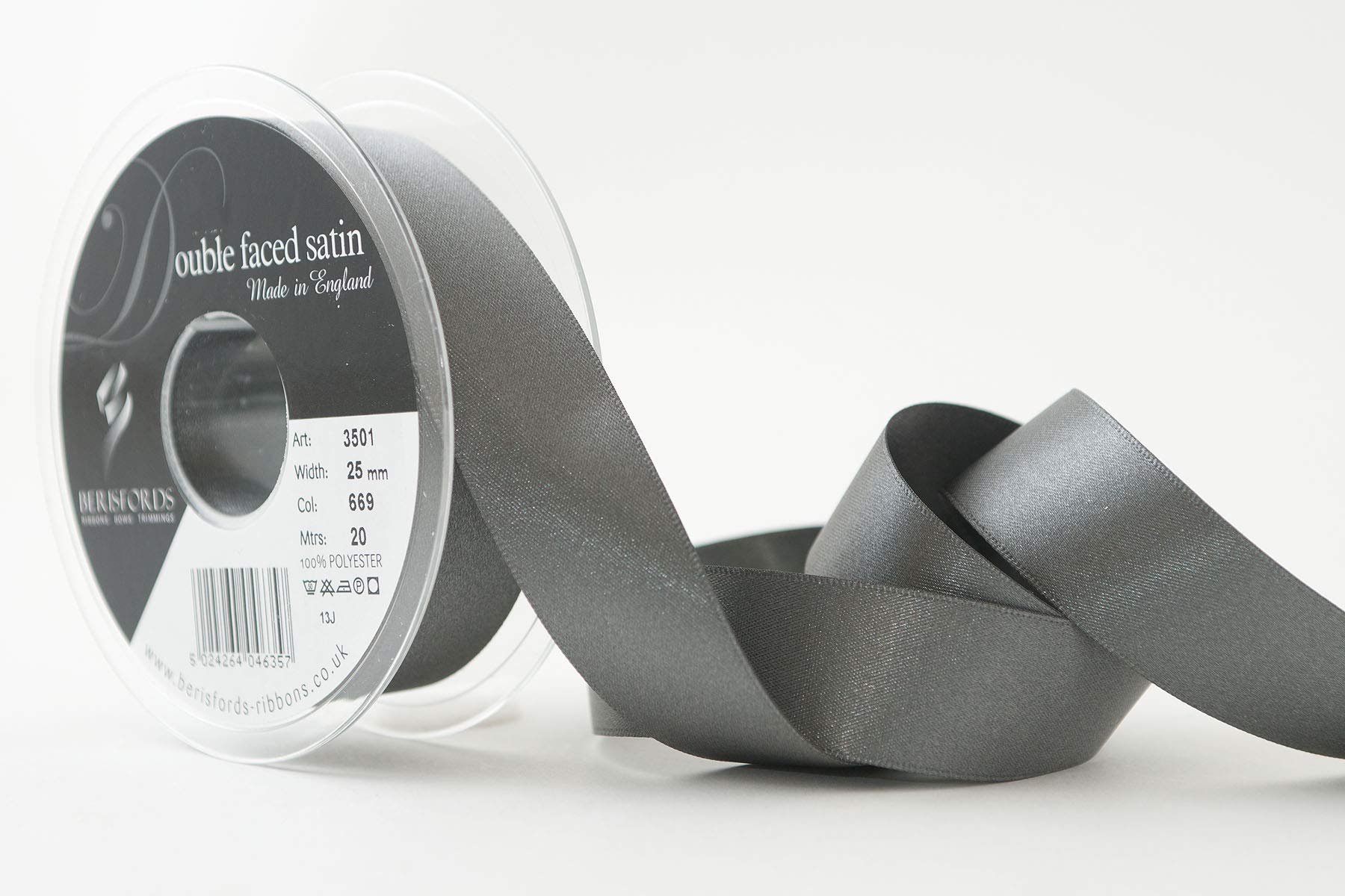 Berisfords Double Satin Ribbon, Smoked Grey, 25 mm — image 1
