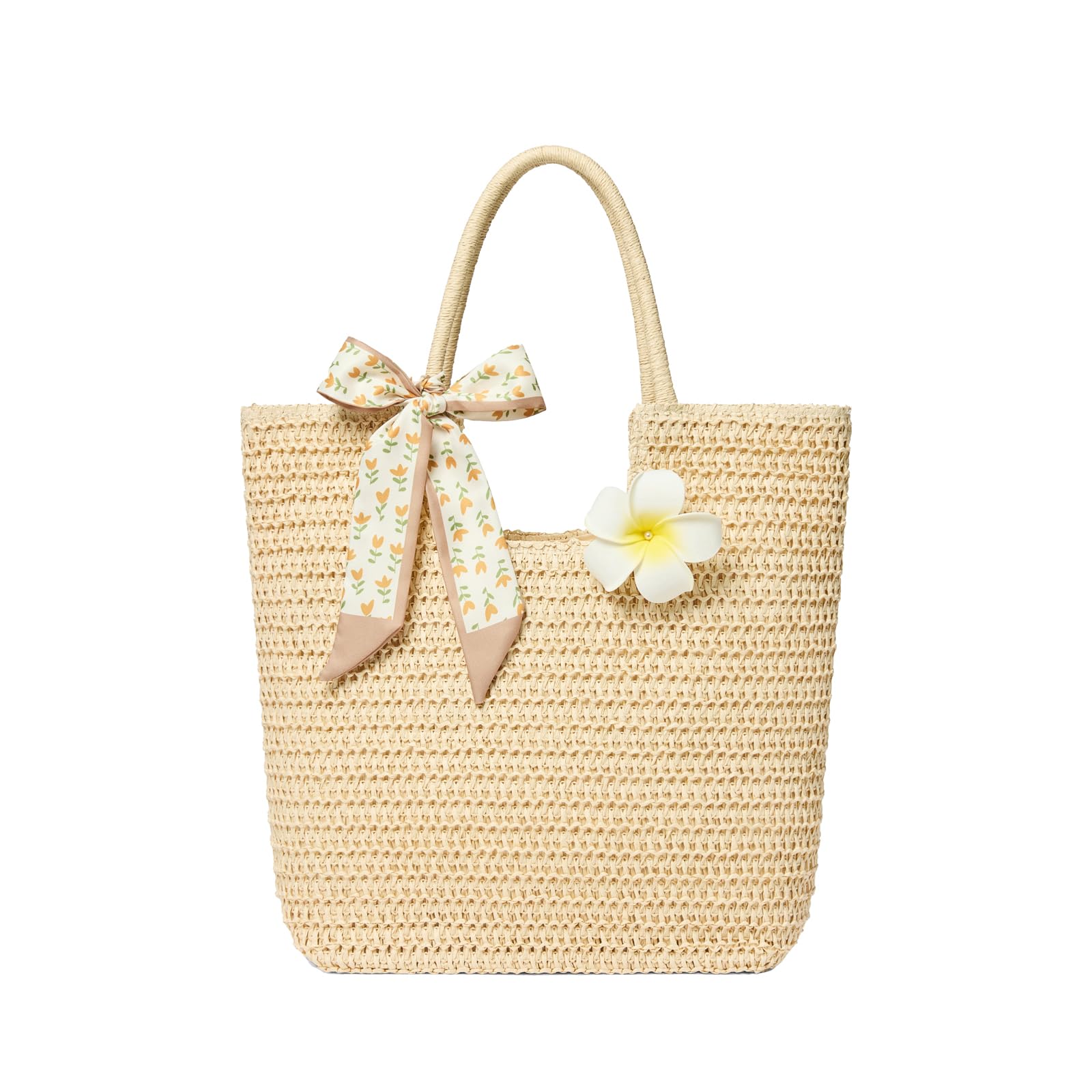 Photo 1 of Straw Tote Bag for Women, Large Summer Beach Bag with Polka Dot Scarf & Plumeria Flower (beige)