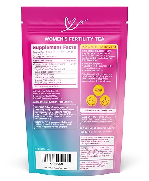 PINK STORK ORGANIC FERTILITY TEA – SUPPORTS CONCEPTION FOR HER & HORMONE BALANCE WITH CHASTE TREE BERRY (VITEX), MINT, AND RED RASPBERRY LEAF – HOT OR ICED – CAFFEINE FREE – SWEET MINT, 15 SACHETS