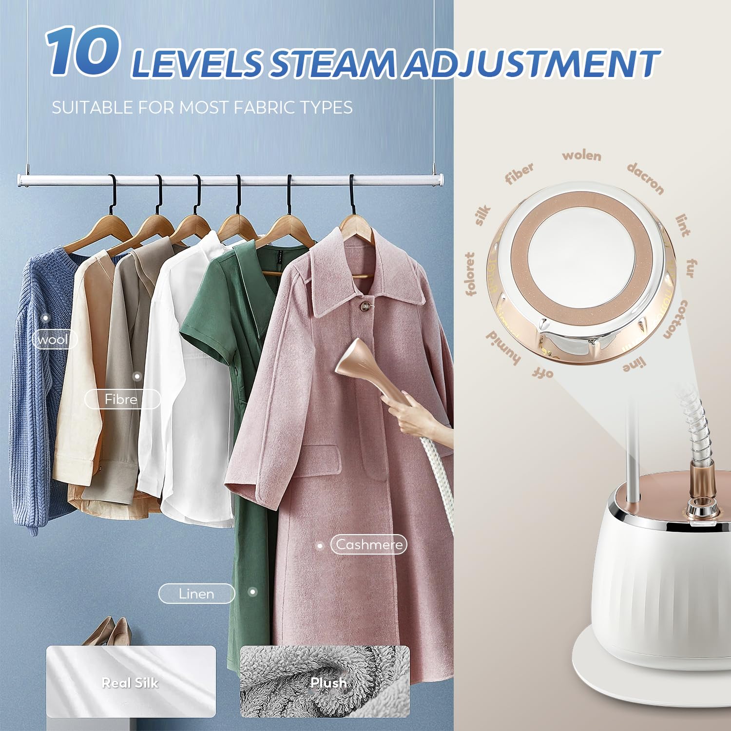 Hapyvergo Garment Steamer for Clothes Standing, 1800w Strong Power with 54 fl.oz Water Tank for 1 Hour Continuous Steaming, Flat Hanging Diagonal Ironing in 10 Level Steam Adjustment