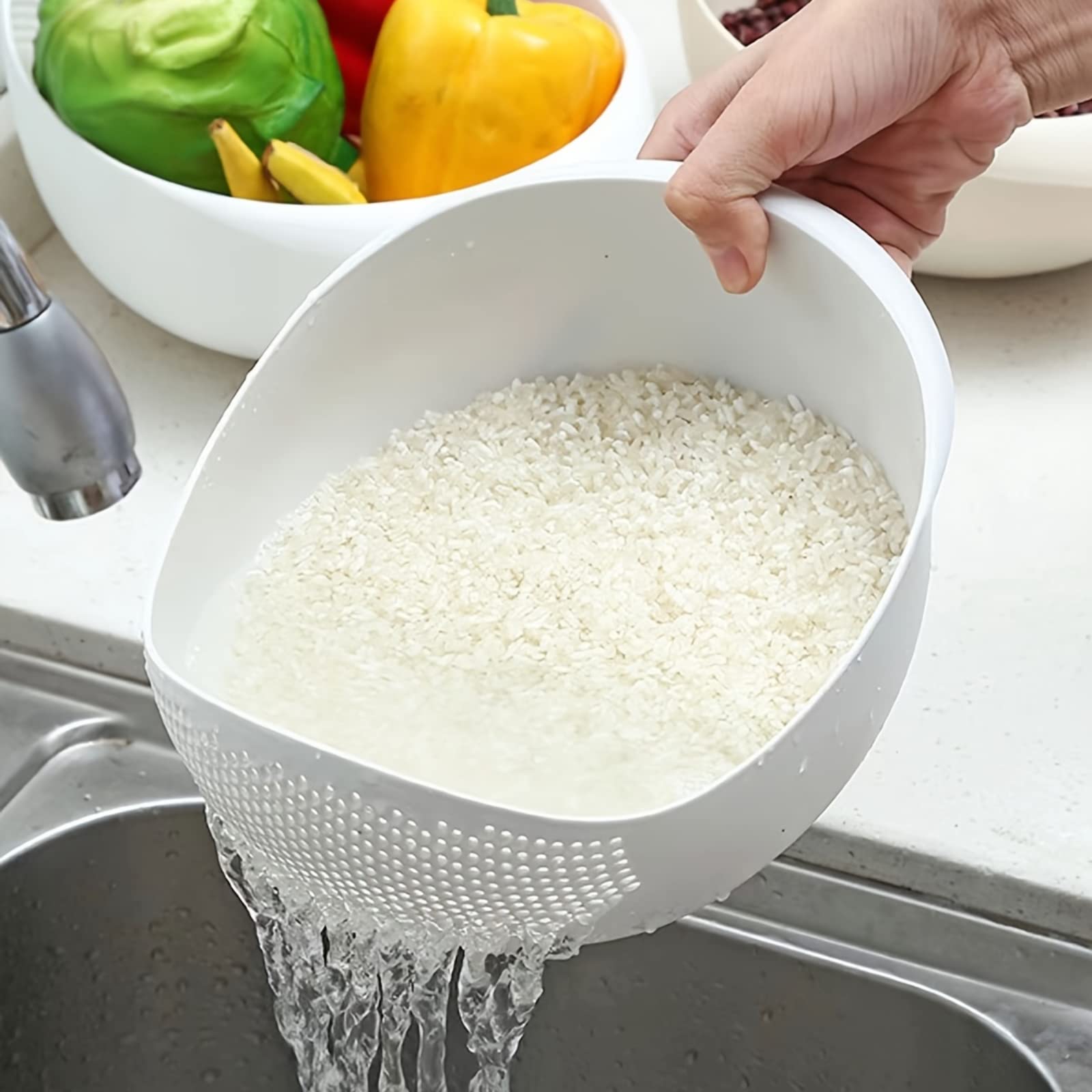 ROLLII Multi-Functional Kitchen Washing Basket Basin - Drain Water, Wash Rice, And More With Convenient Features - Ideal For Various Uses And Users - New Home Kitchen Essentials (White)