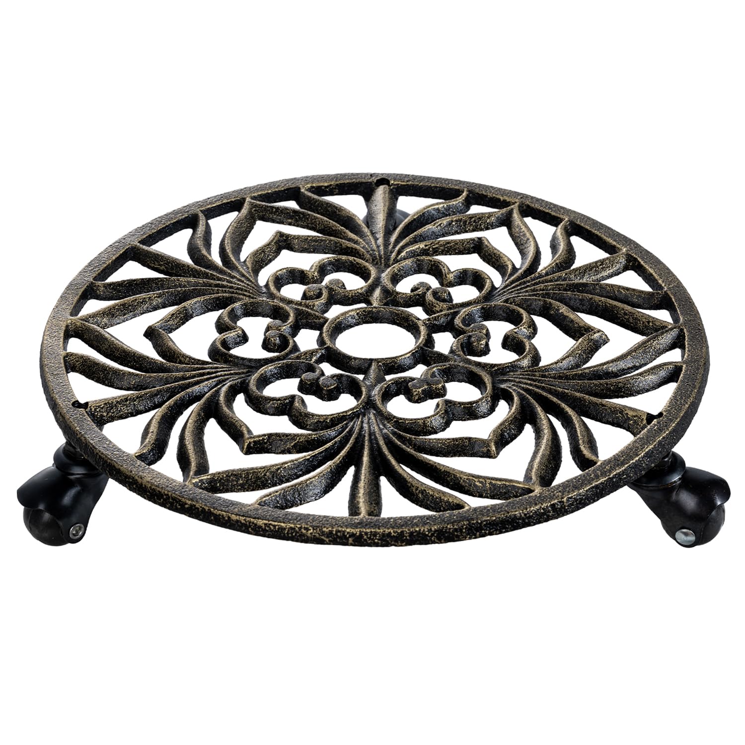 Photo 1 of MyGift 11.5 Inch Plant Caddy, Round Rolling Plant Stand, Antique Brass Tone Cast Iron Garden Planter Pot Riser with Decorative Vintage Floral Pattern and Roller Wheels