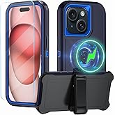 CONWOE Magnetic for iPhone 15 Case,with Belt Clip,[Compatible with Magsafe] W/Tempered Glass Screen Protector,Anti-Drop,Shockproof,Heavy Duty Protection (Dark Blue)