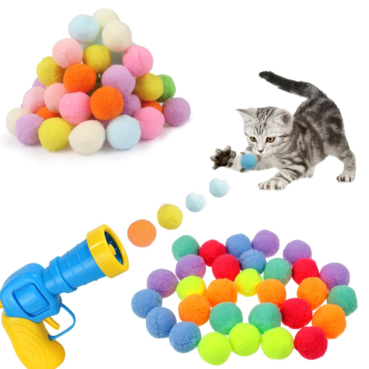 YumSur Interactive Cat Toy Launcher - Soft Pom Pom Ball Shooting Gun for Indoor Pet Exercise, Training, and Chasing