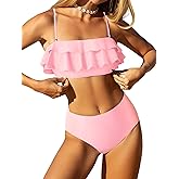 ZAFUL Layered Ruffle Bikini for Women High Waisted Bikini Sets Spaghetti Bandeau Swimsuits Padded Bathing Suit