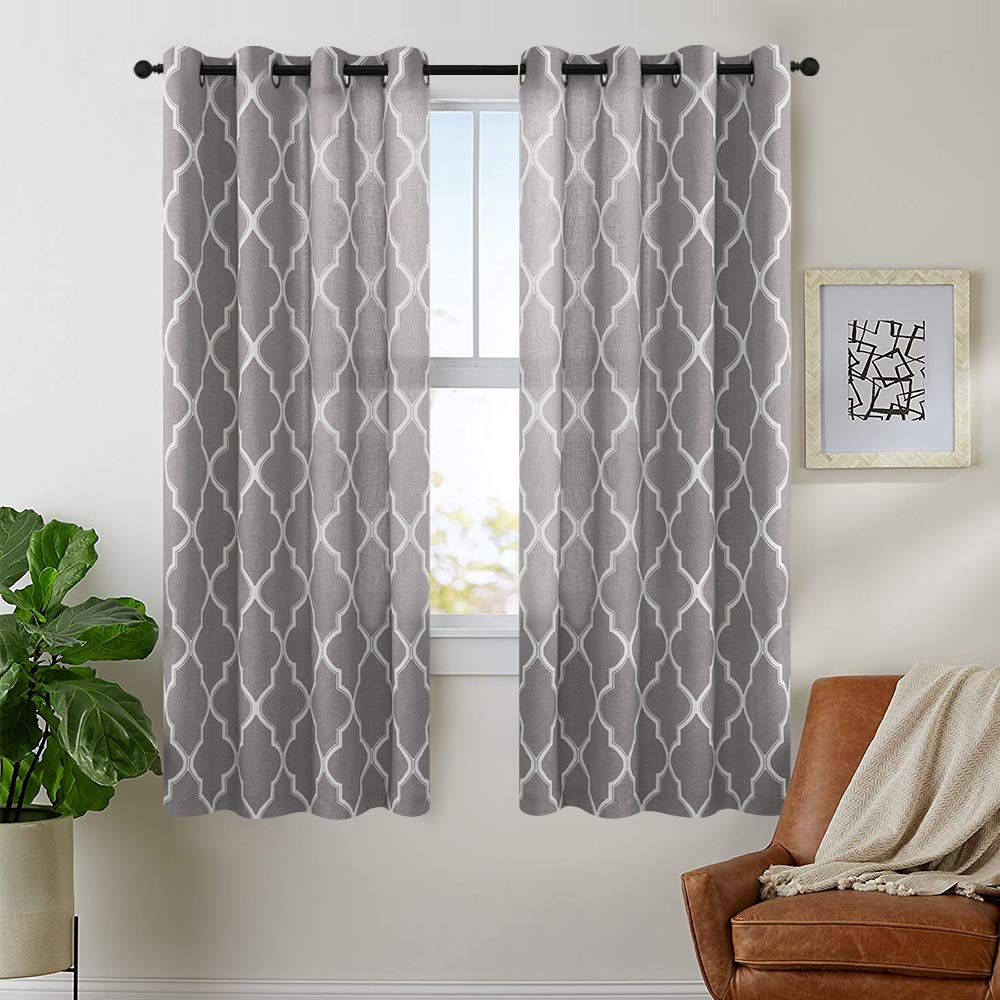 jinchan Moroccan Tile Curtains Print for Living Room Curtain Lattice Flax Linen Blend Textured Grommet Quatrefoil Window Treatment Set for Bedroom Geometry 2 Panels 72" L Charcoal Grey