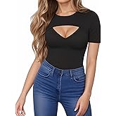 HERLOLLYCHIPS Womens Long Sleeve Tops Short Sleeve Cut Out Front Ribbed Fitted Sexy Casual Dressy Fall Tee T-Shirts Tshirt