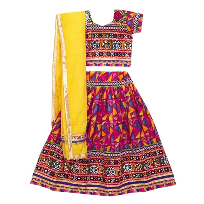 Banjara By Hopscotch Girls Cotton Sleeveless Applique Embroidery Lehenga And Blouse Set in Pink Color