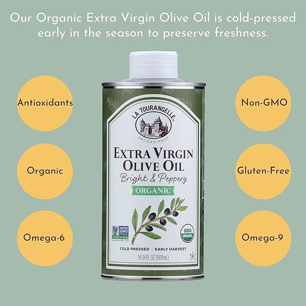 LA TOURANGELLE, ORGANIC EXTRA VIRGIN OLIVE OIL, COLD-PRESSED EVOO FROM SPAIN, 16.9 FL OZ – SPANISH OLIVE OIL WITH POLYPHENOLS FOR COOKING, DRIZZLING, MARINADES, AND DIPPING, RICH FLAVOR