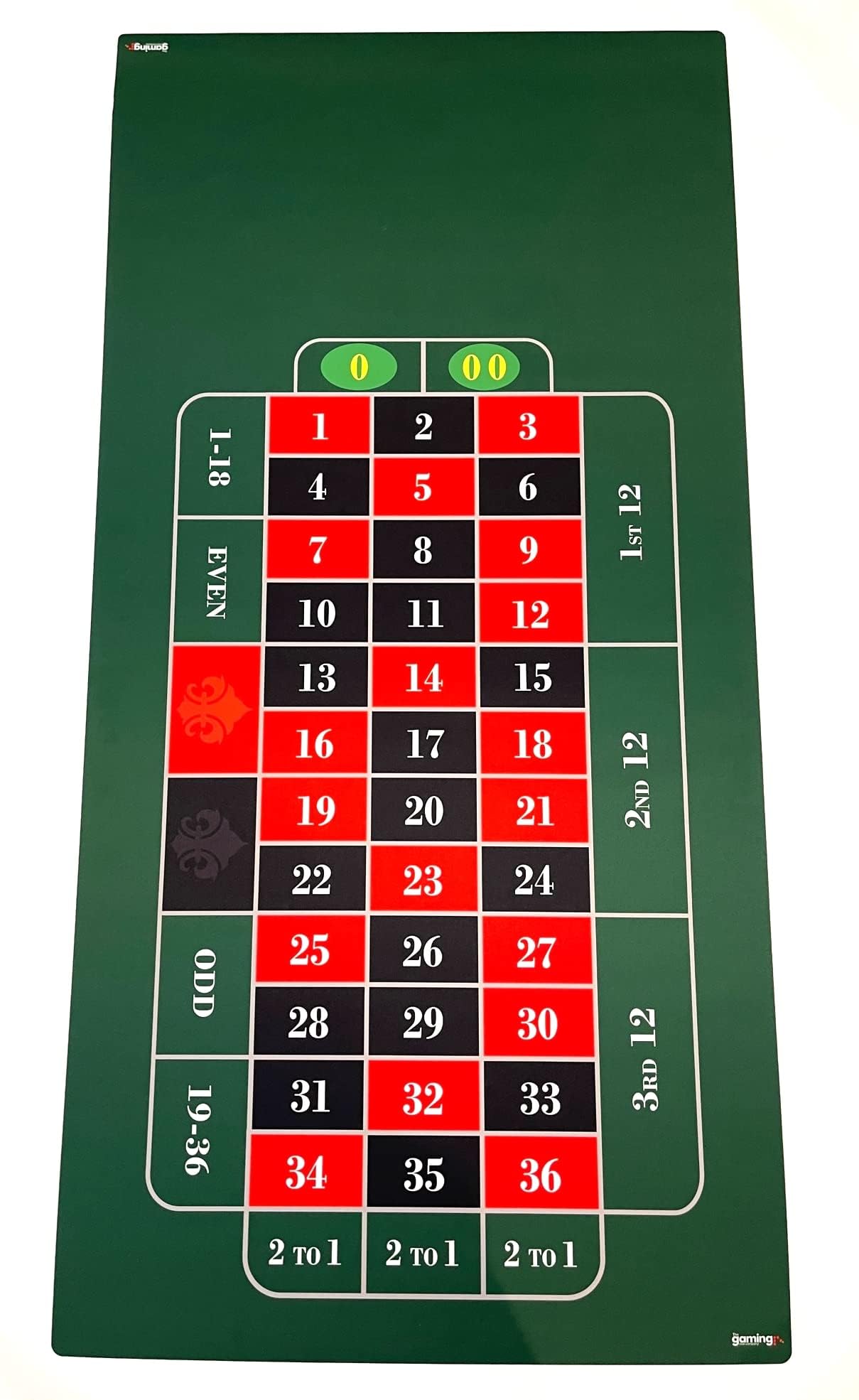 Photo 1 of The Gaming Mat Company Roulette Table Mat for Casino Home Game Nights- Deluxe Vegas Roulette Table 35.5" x 71" x 0.12"- Big Mats Smooth Fabric Topper- Space for A Roulette Wheel- Double & Single Zero