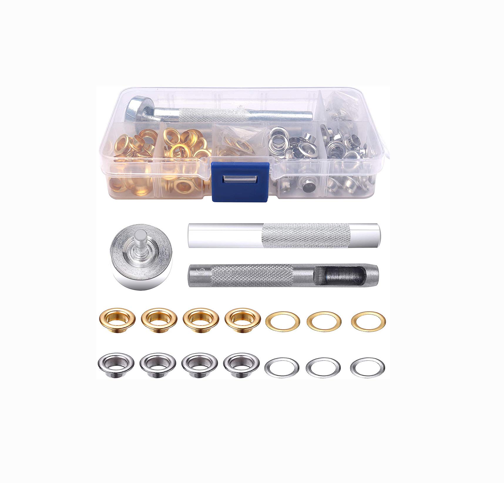 Shiwaki 100 Sets Metal Grommets,6mm Eyelets Punch Kit with 3pcs Installation Repair Tools for Tarpaulin Fabric Leather DIY Projects