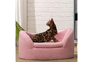 Hollypet Cat Sofa Couch, Pet Sofa for Cats and Small Dogs, Sherpa Fleece Cat Sleeping Bed, Ultra-Soft Snuggle Cat Sofa for Indoor Kitten, Luxury Mini Dog Couch Sofa Bed, Pink