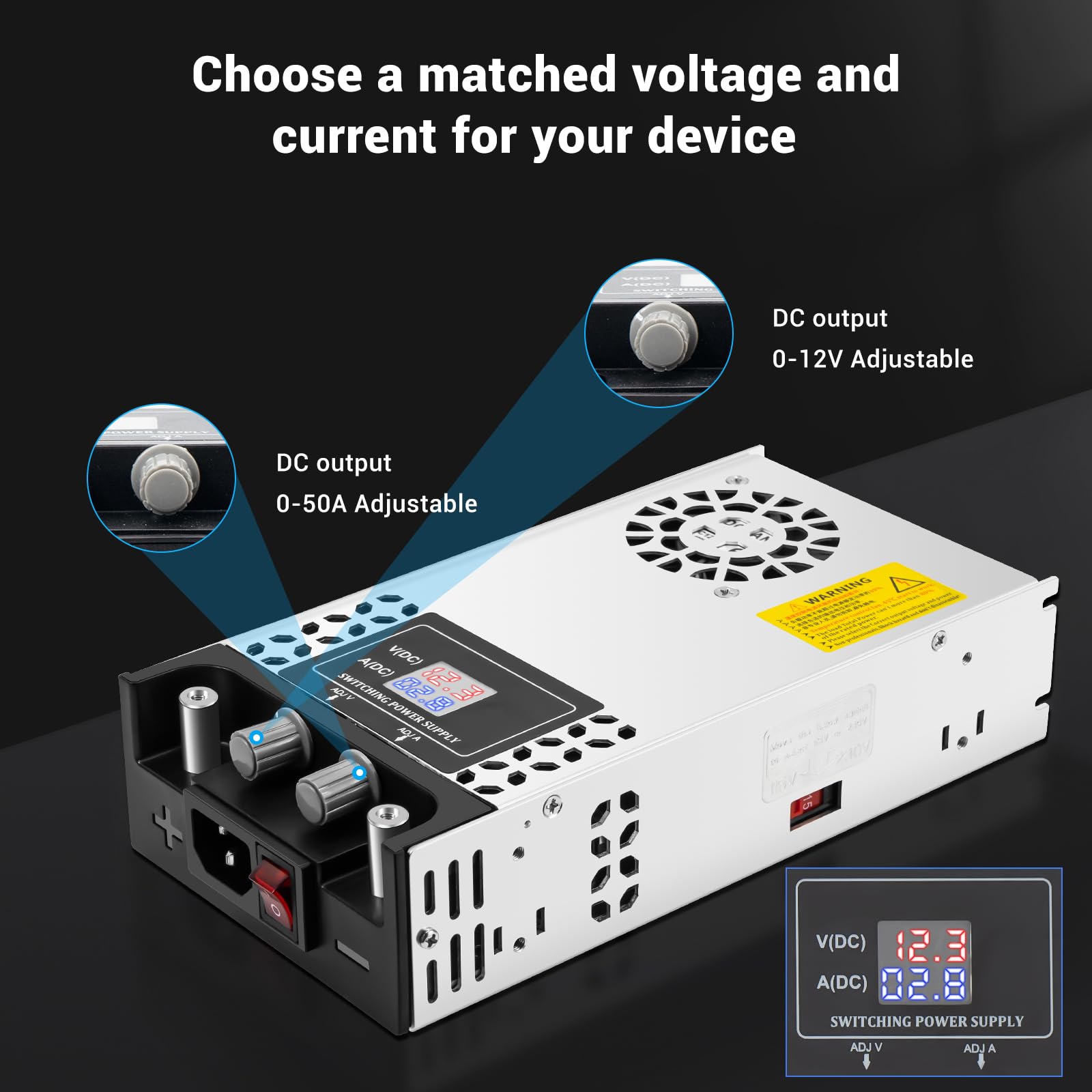 Adjustable Power Supply with LED Display - AC110V/220V to DC 0-12V Converter 600W 50A Power Supply