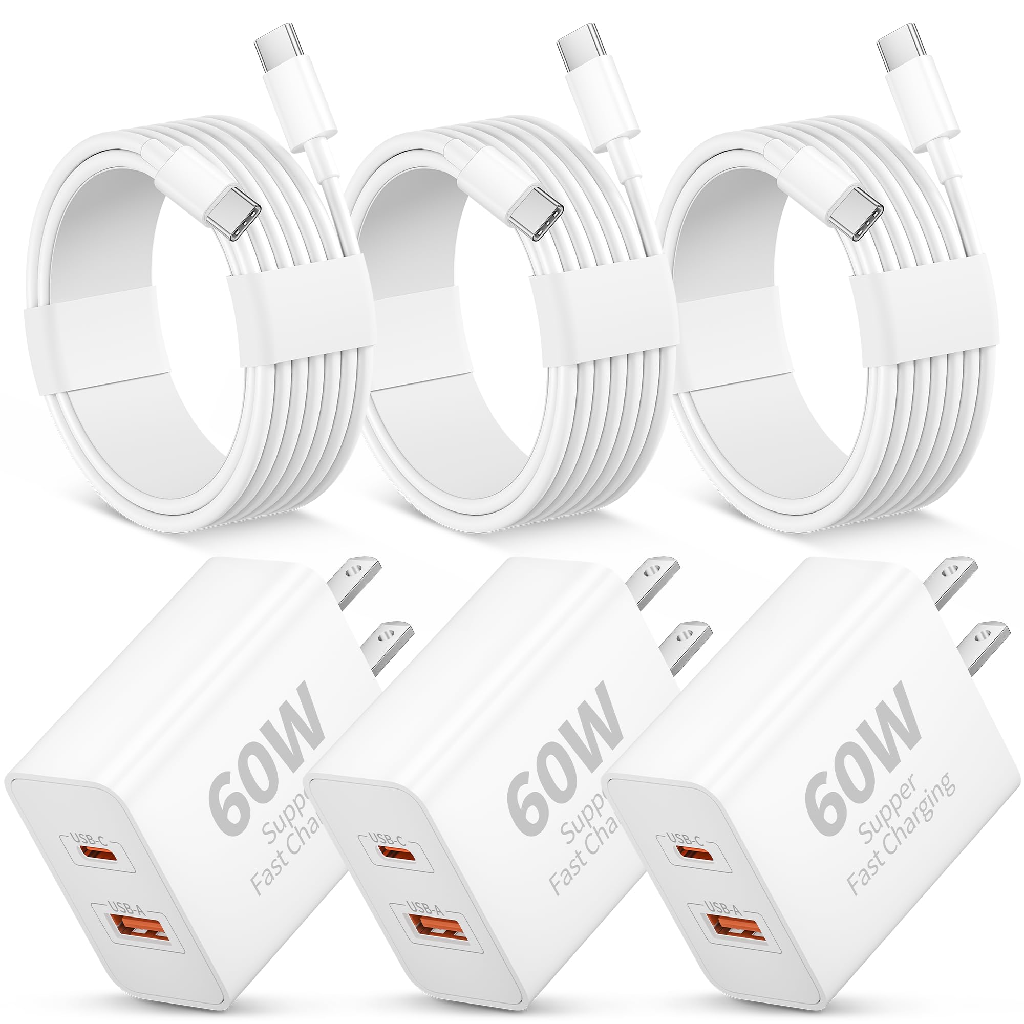 iPhone 17/17 Pro Max/17e Fast Charger, 3 Pack 60W Super Fast Charging Dual Port USB C Wall Charger Block with 6FT USB-C Cable Cord for iPhone 17/17 Pro Max/Air/ 17e/16/15/Pro/Plus, iPad Pro 13/12.9/11