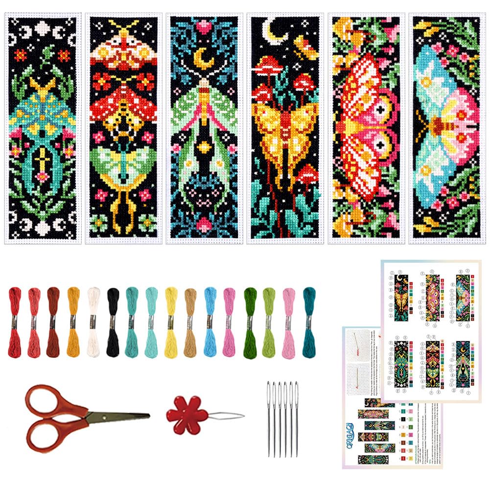 ORIGACH 6 Pcs Cross Stitch Bookmark Kit for Beginner Adults, Vivid Moths Stamped Embroidery Bookmark Kit with Instruction for Starters Printed Cross Stitch DIY Kits for Book Lovers — image 1