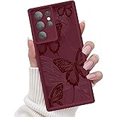 FUXICASE Case for Samsung Galaxy S22 Ultra, Silicone Shockproof Cover Women | Soft Silicone TPU, Raised Bezels, Precise Cutouts, Shock Protection, Easy Install, Burgundy Butterfly