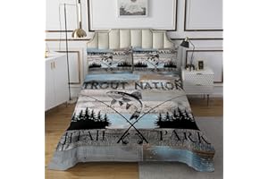 Erosebridal Pike Fish Fishing Bedspread Sets, Rustic Farmhouse Quilts Wooden Cabin Decor Coverlet Set for All Ages and Gender