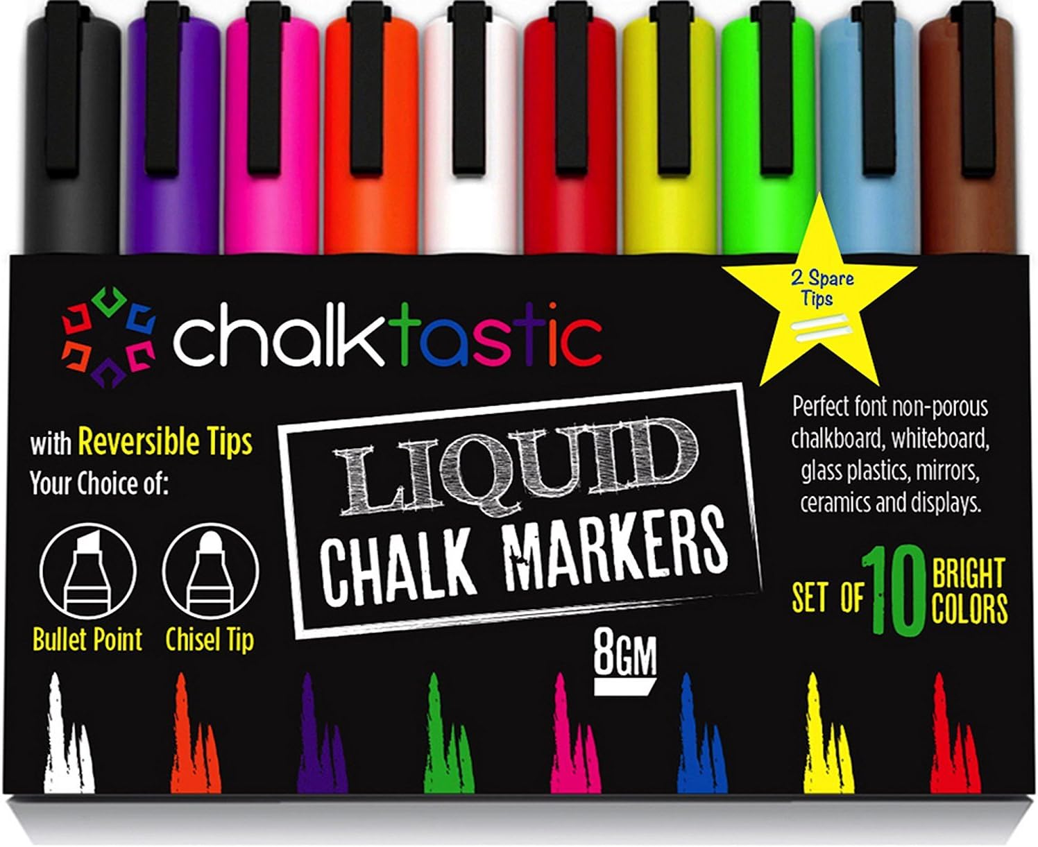 Chalktastic Liquid Chalk Markers 10 Pack of Professional Quality Pens With Bright Neon Colors 6mm Reversible Fine or Chisel Tip Massive 8gm of Ink Use on Chalkboard Glass Bistro Or A-Frame Boards