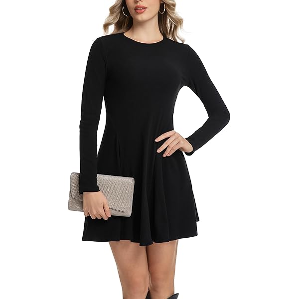 Evzeiem Womens Long Sleeve Knit Dress Casual Lantern Sleeve Crewneck Ruffle  Short Flare A-Line Mini Sweater Dress, Black S at Amazon Women's Clothing  store