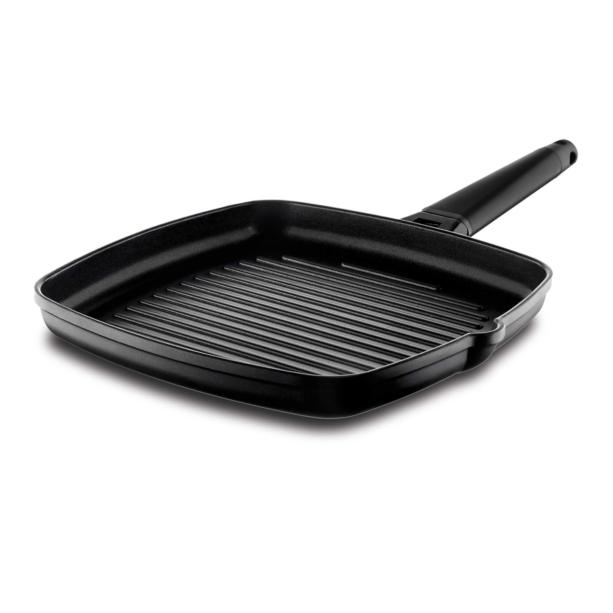 Castey Grill Frying Pan with Removable Handle, 27 x 27 cm, Cast Aluminium, Black, 27 x 27 x 30 cm