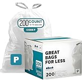 Plasticplace Drawstring Trash Bags, Compatible with simplehuman Code P, White Garbage Liners 13-16 Gallon / 50-60 Liter, 23.5" x 31.5", (200 Count)